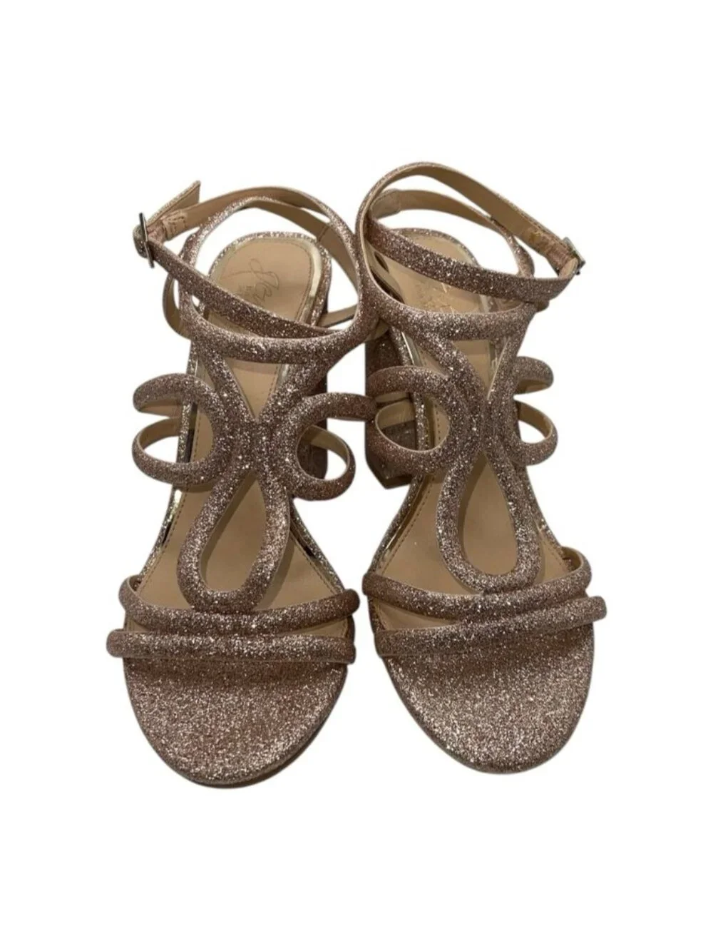 Jewel Badgley Mischka Heeled Sandals 8 US Rose Gold Shari Glitter Caged